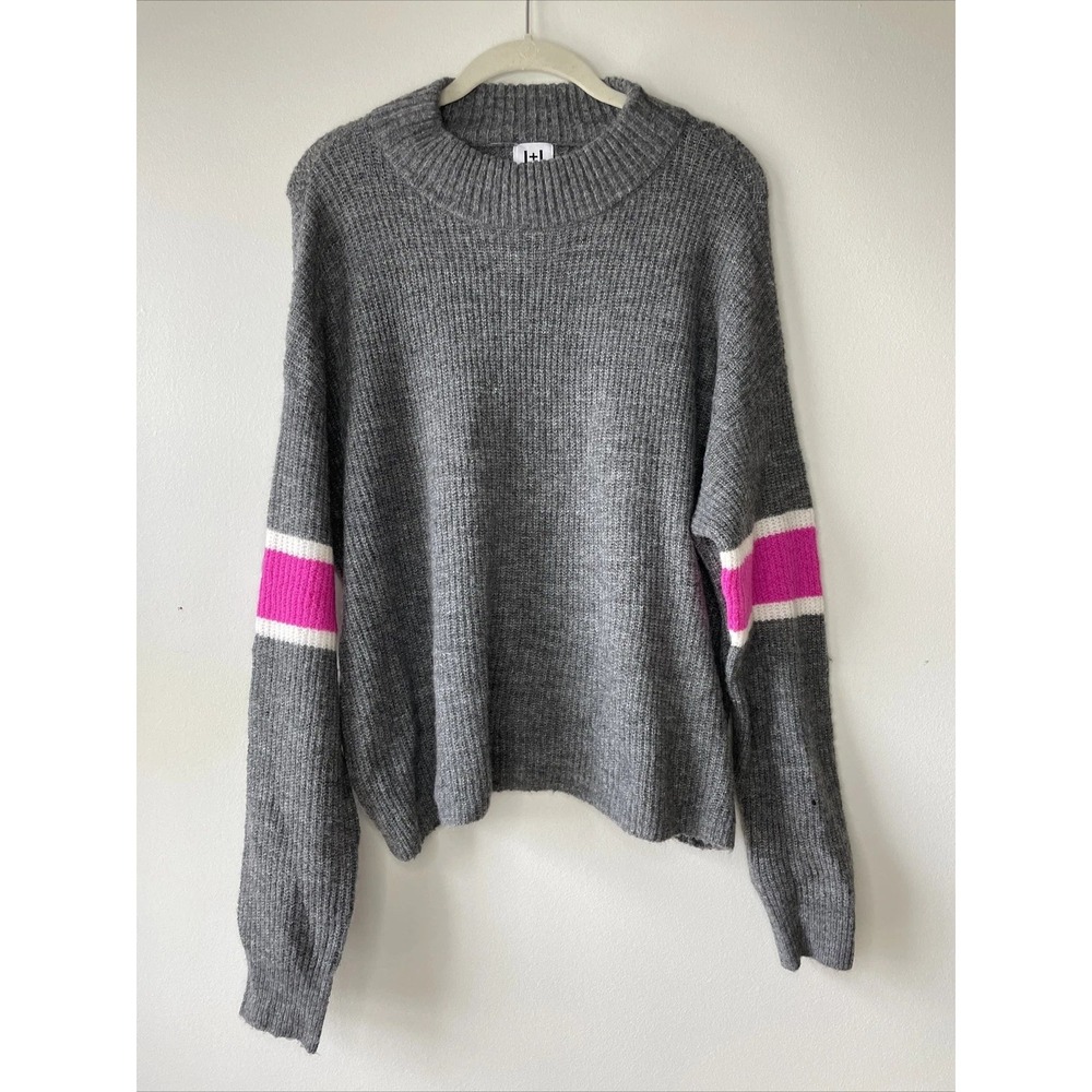 John + Jenn Sweater Womens Medium Gray Pink Striped Sleeve Ribbed Knit Pullover